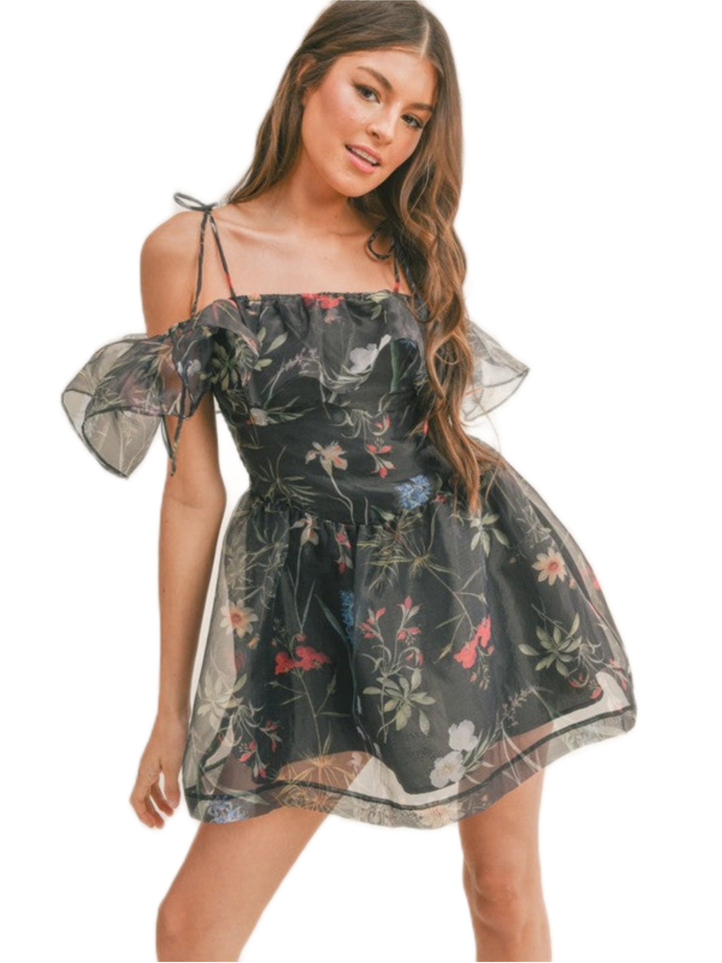 Mini Ruffled Black Organza Dress with Floral Print - Klesis