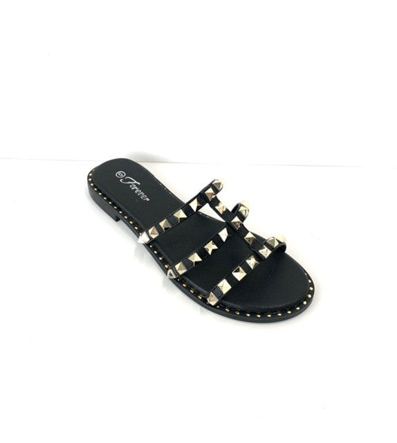 Black Faux Leather Flat Sandals w/ Studded Straps | 8LACK