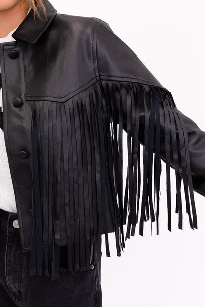 Black Faux Leather Jacket w/ Long Fringes | 8LACK