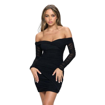 Black Ruched mesh off the shoulder bodycon mini dress with long sleeves, an asymmetrical cut, and back invisible zipper.