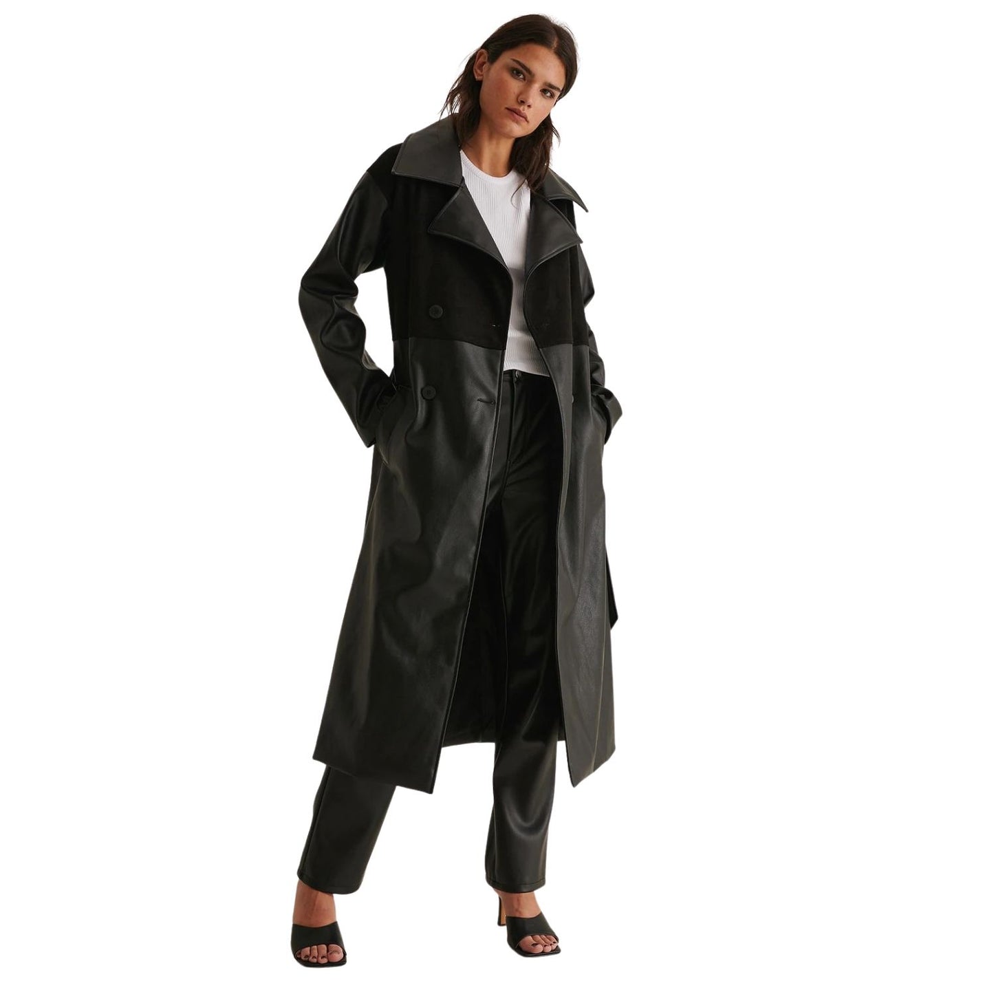 Faux Suede & PU Leather Trench Coat Black | 8LACK Clothing
