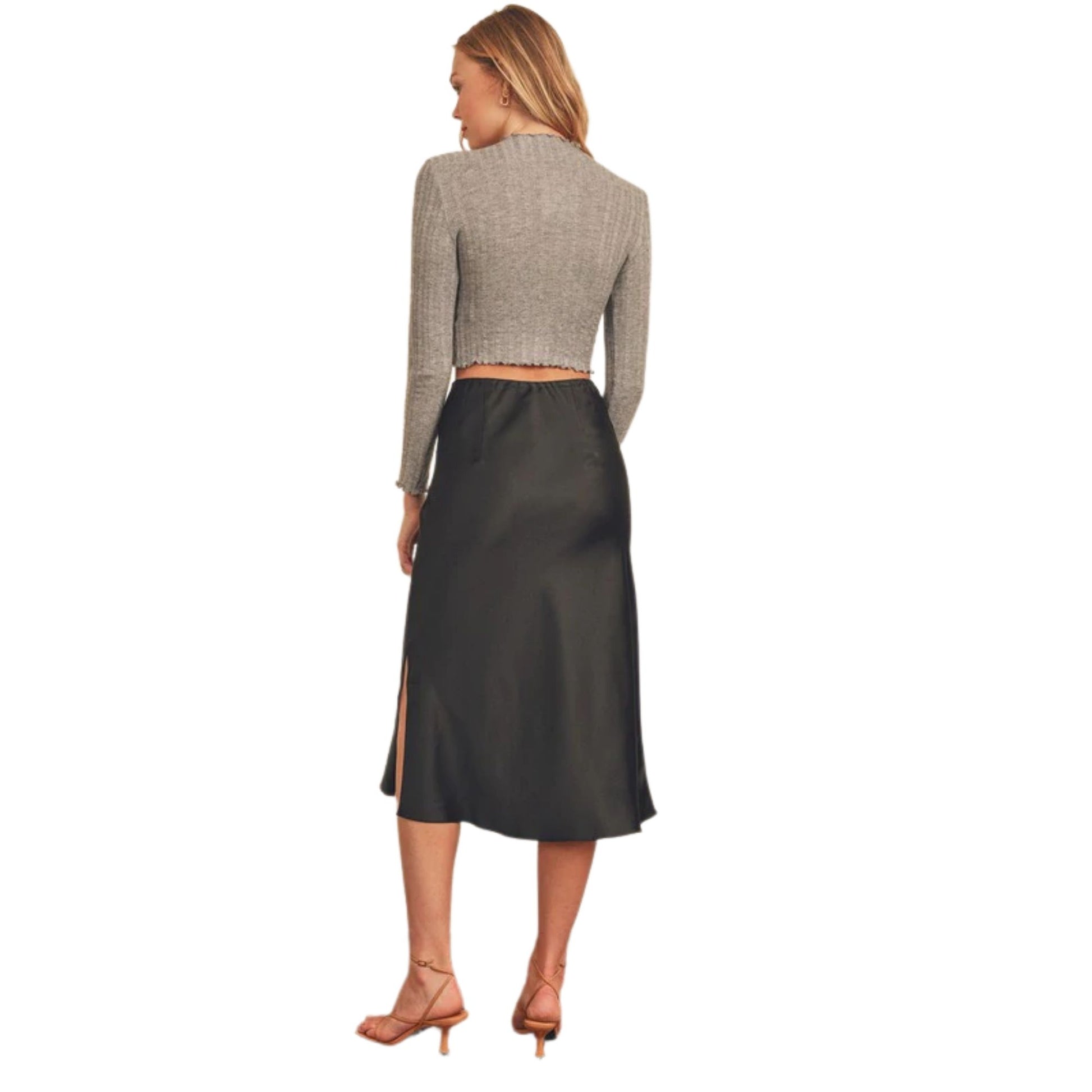 Black Satin Mid-length Slip Skirt with a Side Slit