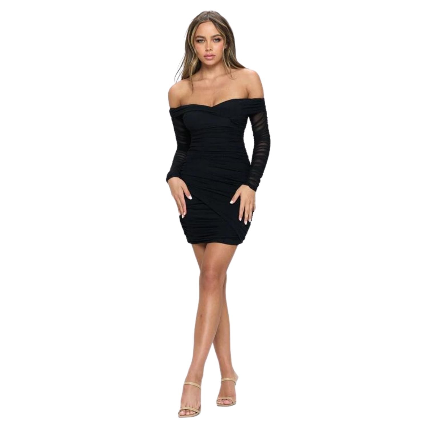Black Ruched mesh off the shoulder bodycon mini dress with long sleeves, an asymmetrical cut, and back invisible zipper.