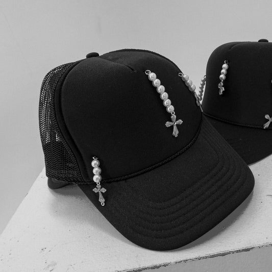 Black Trucker Hat with 3 Pearls Drops by EnDz by Lou