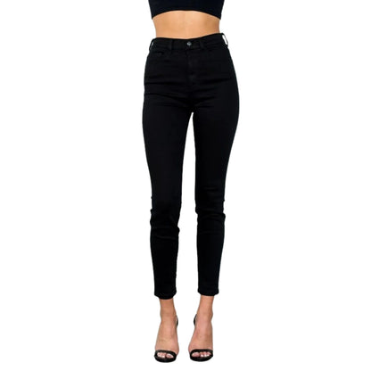Black high rise skinny ankle-length jeans with button and zipper front closure and belt loop